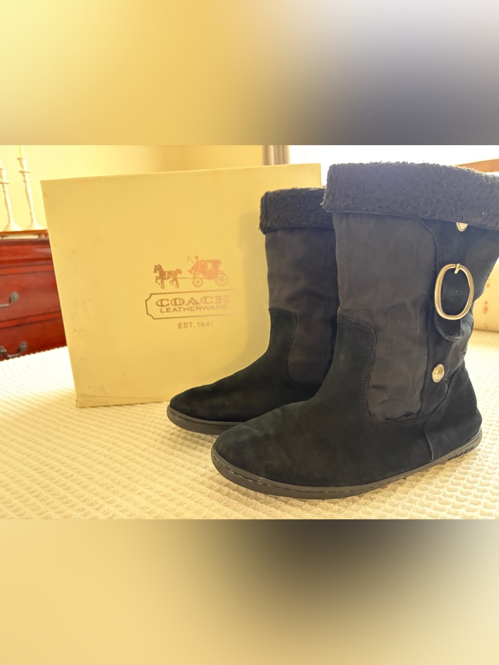 Coach Black Suede Mid-Calf Shearling-Trim Boots